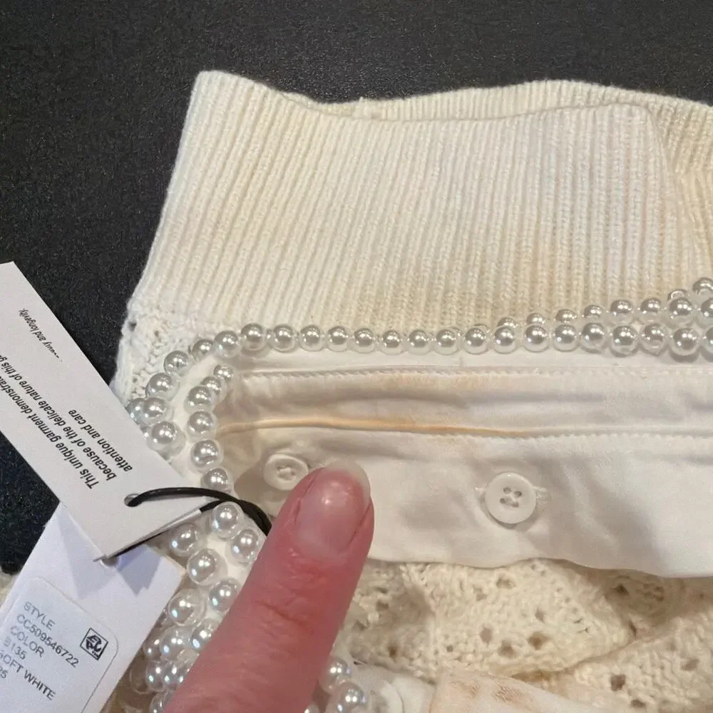 NWT Alice + Olivia Pearl Collar Puff Sleeve Sweater, Small, Cream Cotton Wool - Picture 7 of 9